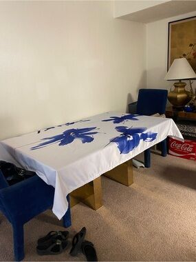 Ambesonne White Tablecloth with Bold Blue Oriental Watercolor Inspired artwork,